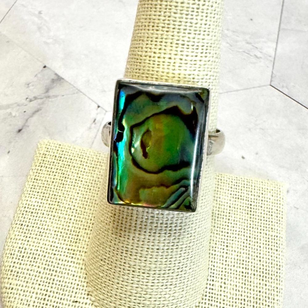Vintage Sterling Silver Abalone Shell Large Rectangle 925 Ring Sz 8.5 Modern